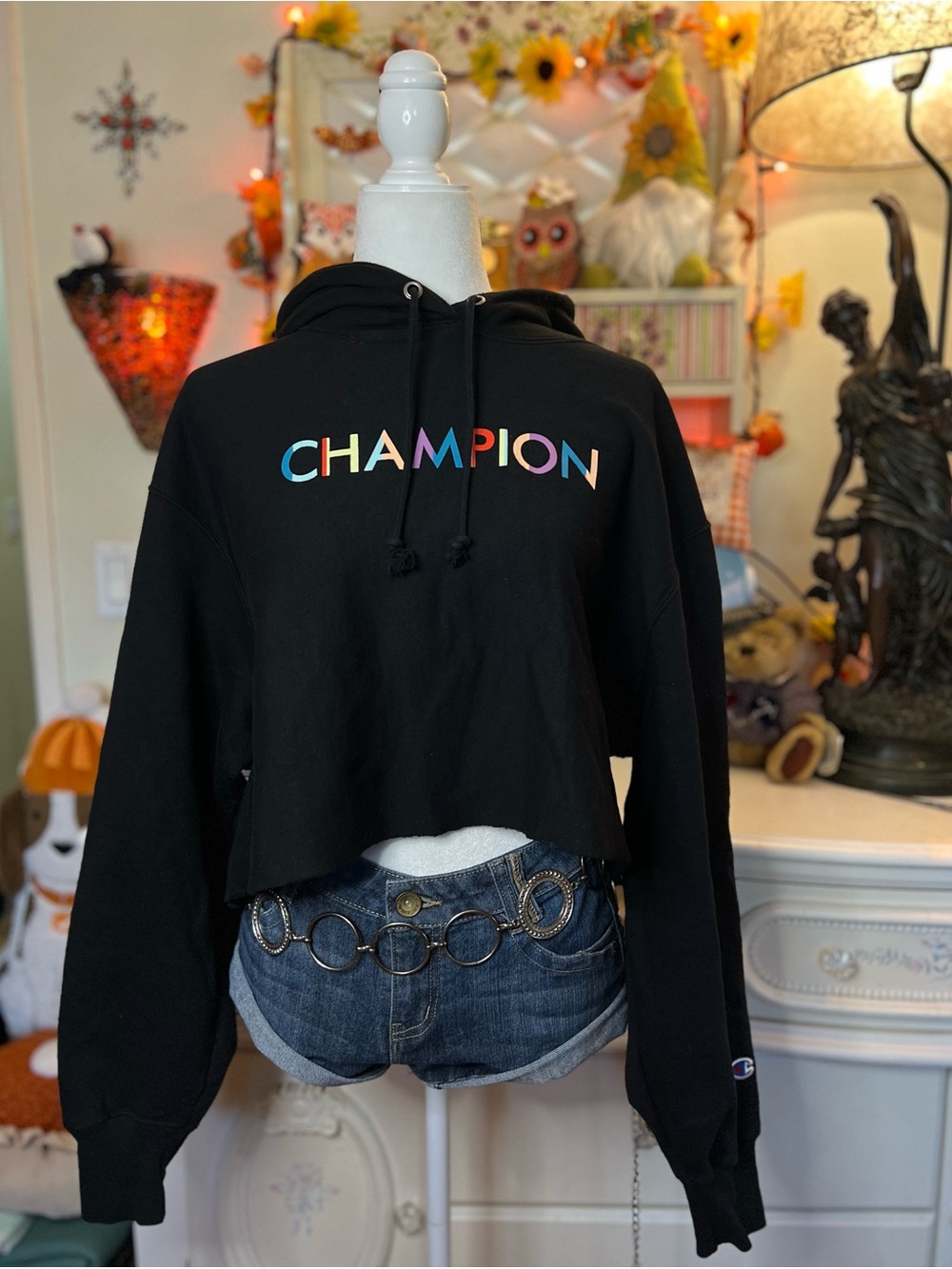Champion Black Cropped Hoodie with Multicolor Logo